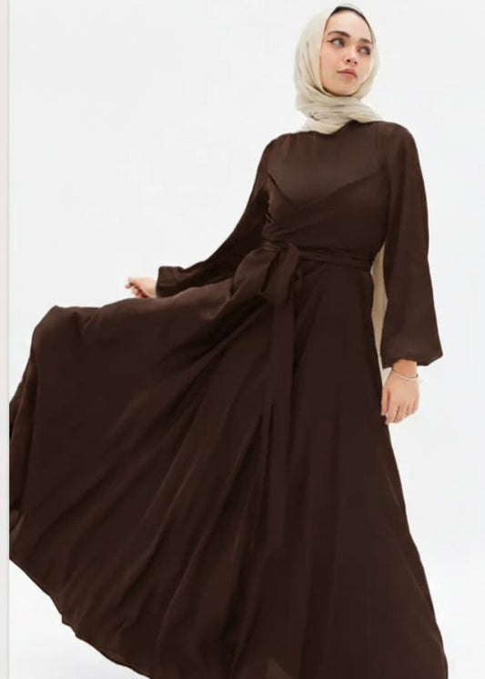 Wrap Satin Dress In Brown