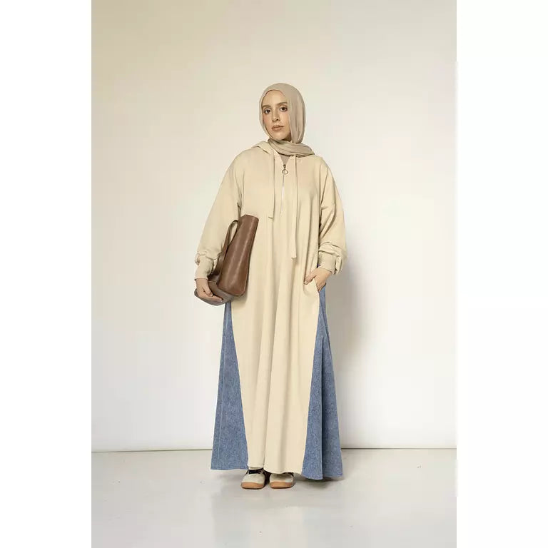 Denim-sided Hoodie Dress in Beige