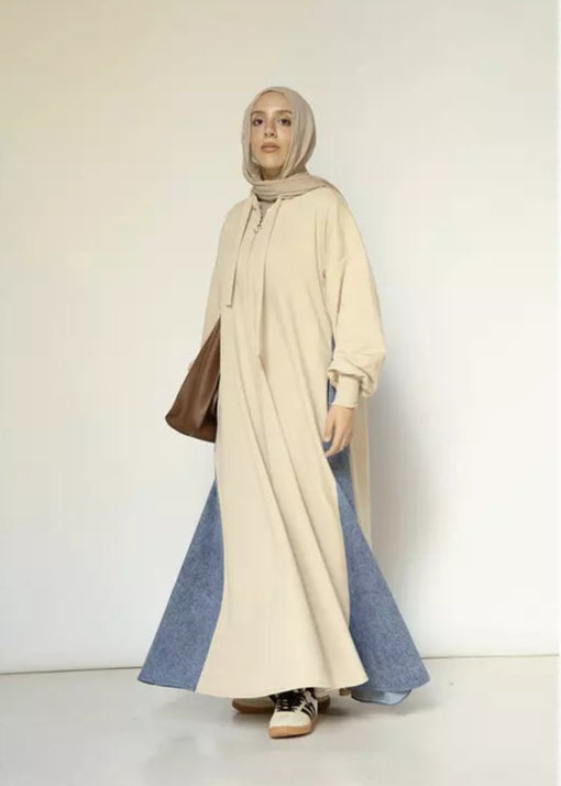 Denim-sided Hoodie Dress in Beige