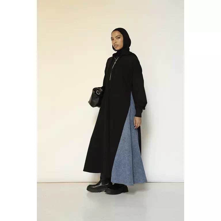 Denim-sided Hoodie Dress in Black