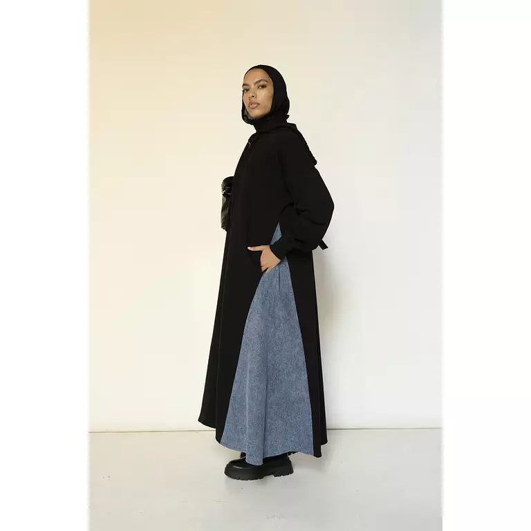 Denim-sided Hoodie Dress in Black