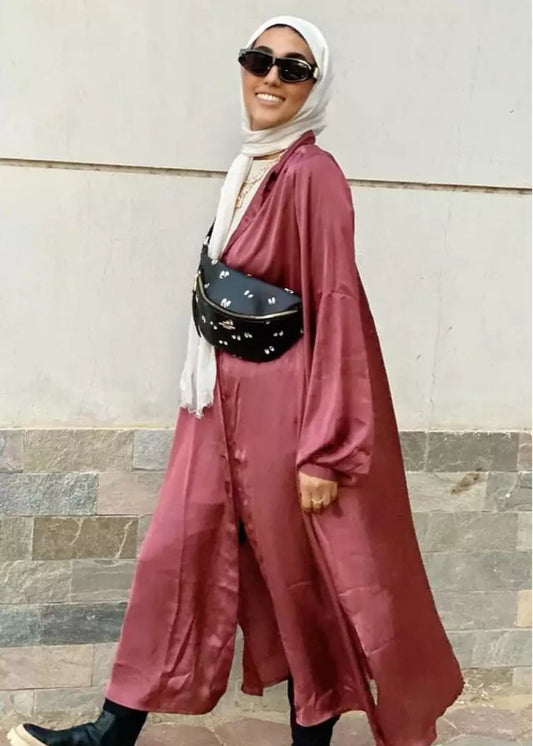 Satin Midi Shirt Dress In Burgundy