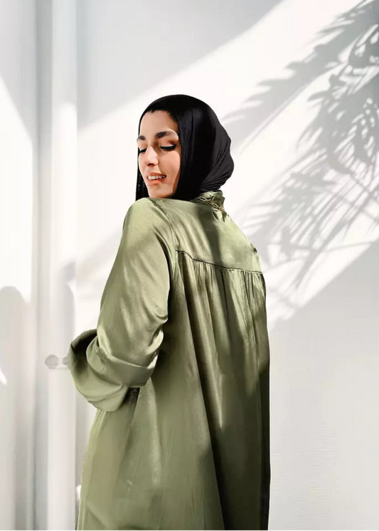 Satin Midi Shirt Dress In Olive