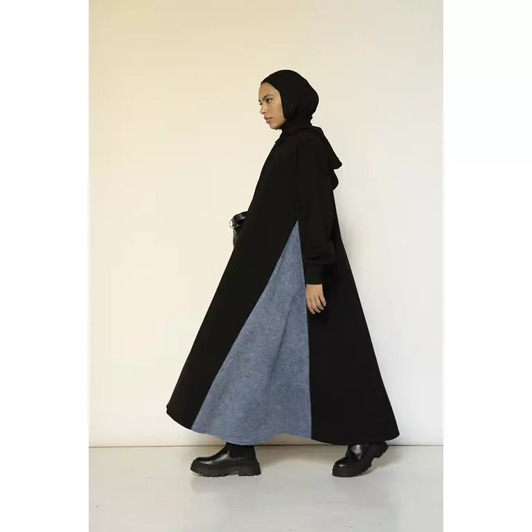 Denim-sided Hoodie Dress in Black