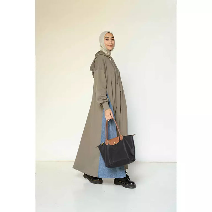 Denim-sided Hoodie Dress in Olive