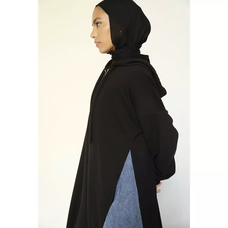 Denim-sided Hoodie Dress in Black