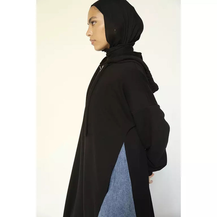 Denim-sided Hoodie Dress in Black