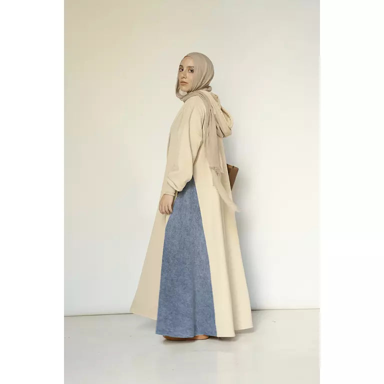 Denim-sided Hoodie Dress in Beige