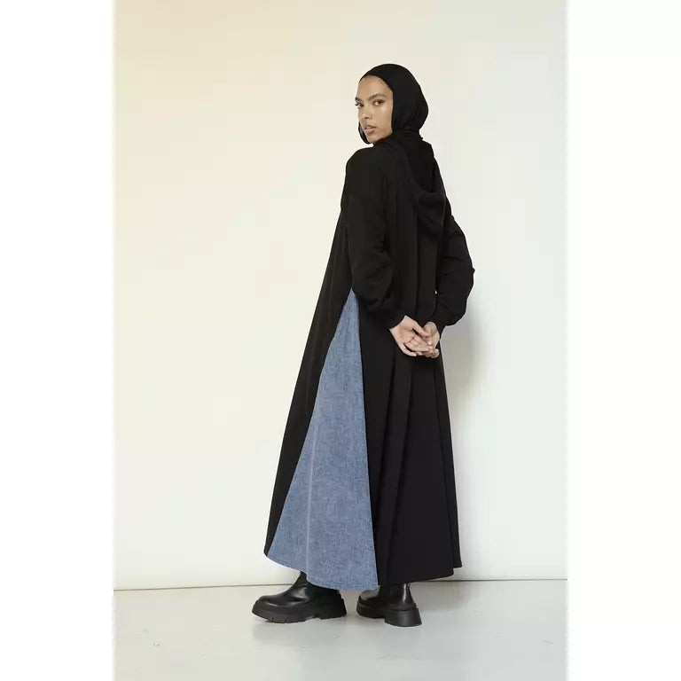 Denim-sided Hoodie Dress in Black