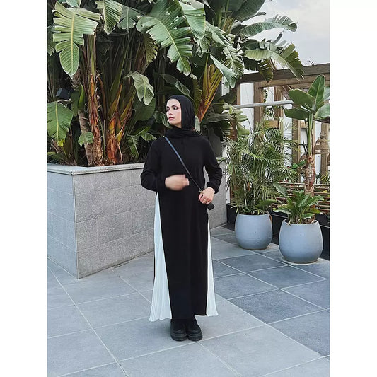 Pleated Tunic Maxi Wool Dress In Black
