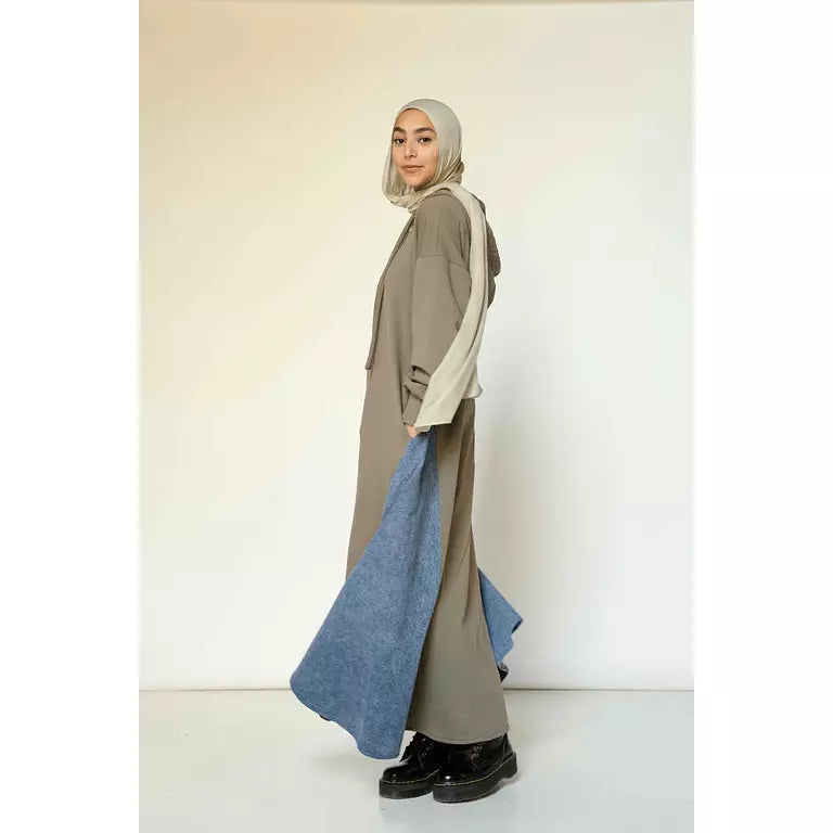 Denim-sided Hoodie Dress in Olive