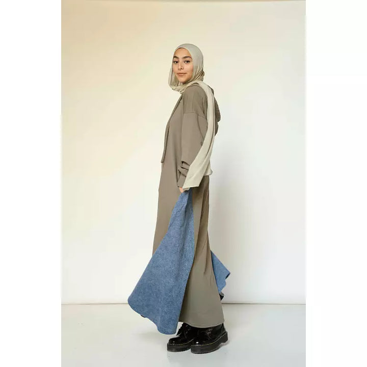 Denim-sided Hoodie Dress in Olive