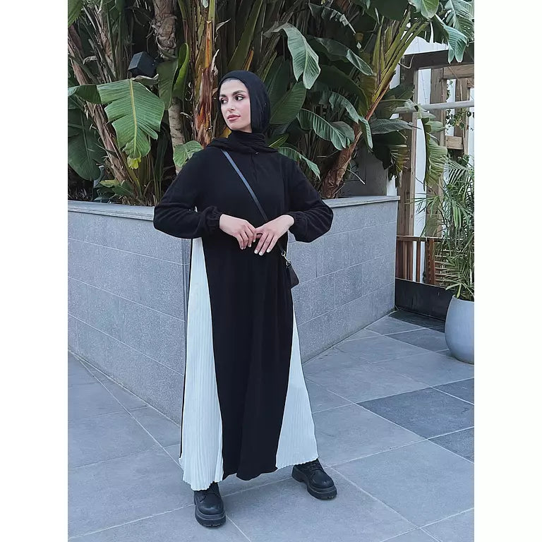 Pleated Tunic Maxi Wool Dress In Black