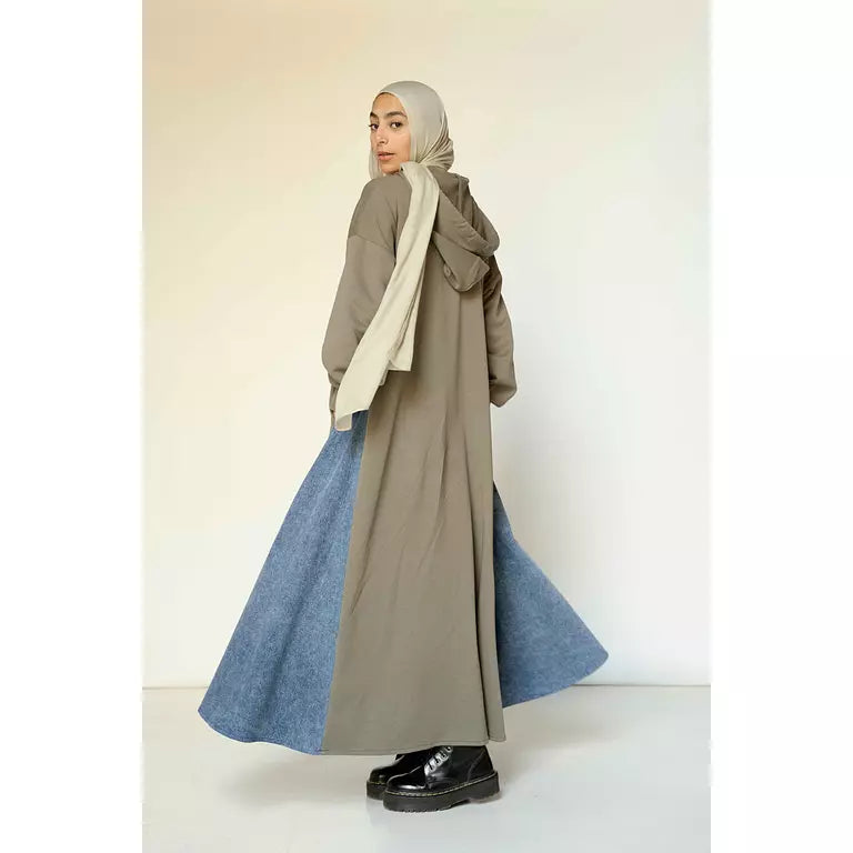 Denim-sided Hoodie Dress in Olive