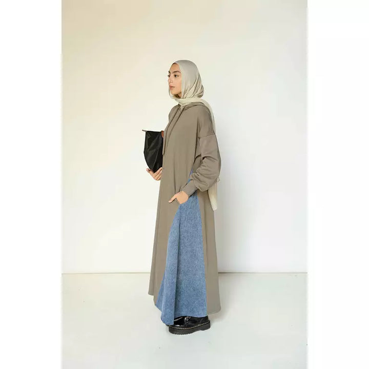 Denim-sided Hoodie Dress in Olive