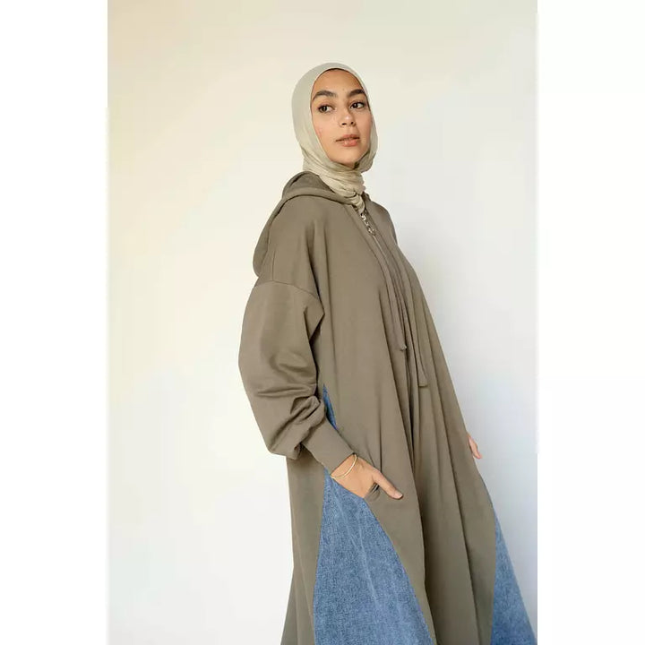 Denim-sided Hoodie Dress in Olive