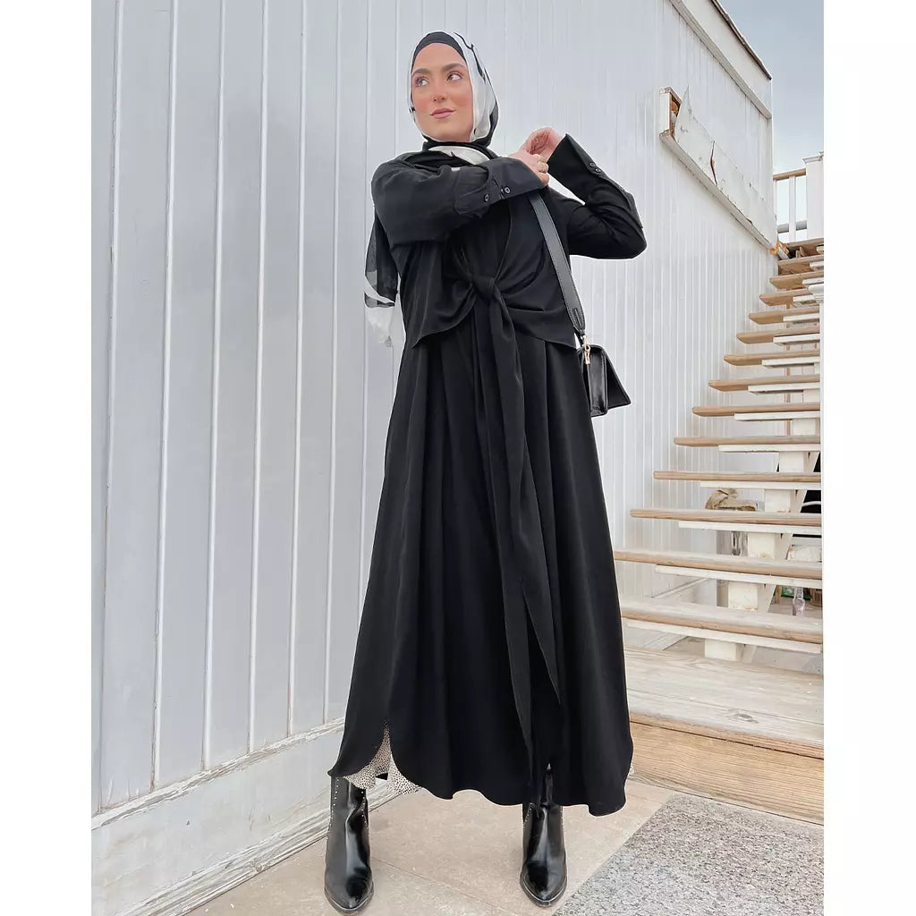 Knot Crep Shirt Abaya In Black