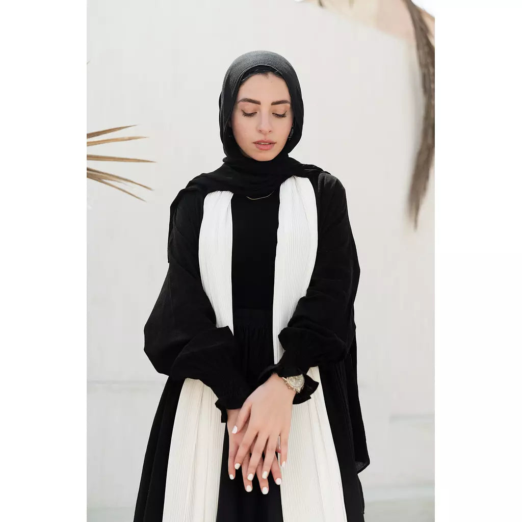 Linen x Chiffon Pleated Collar Kimono in Black