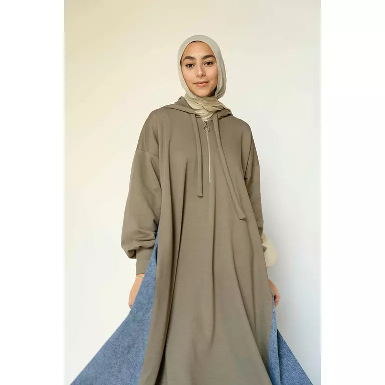 Denim-sided Hoodie Dress in Olive