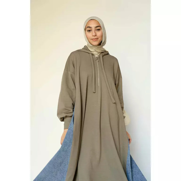 Denim-sided Hoodie Dress in Olive