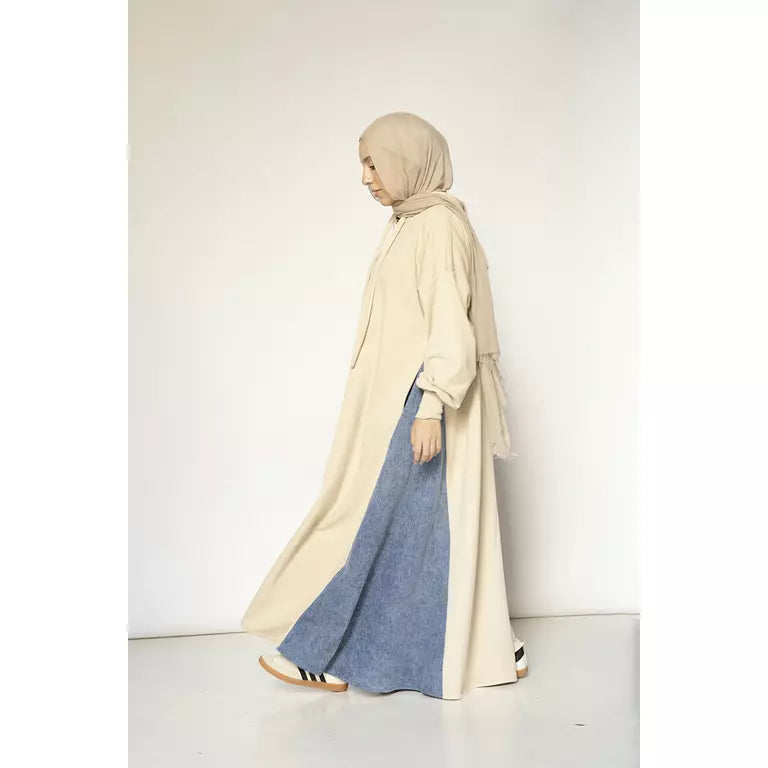 Denim-sided Hoodie Dress in Beige