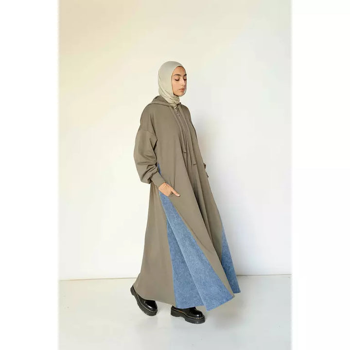 Denim-sided Hoodie Dress in Olive