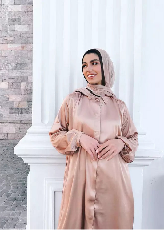 Tan Beige Satin Midi Shirt Dress