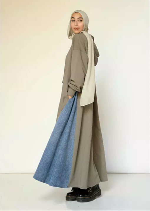 Denim-sided Hoodie Dress in Olive