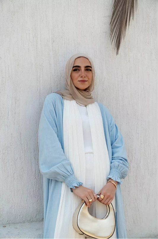 Linen x Chiffon Pleated Collar Kimono in Baby blue