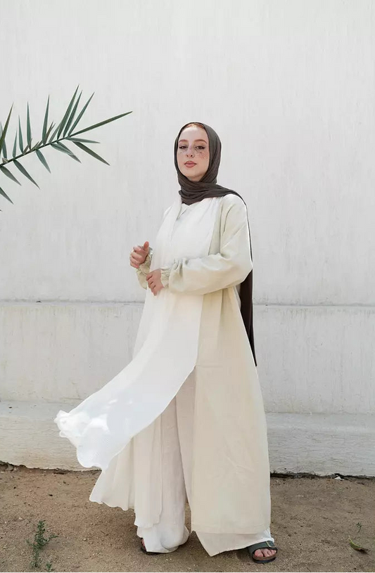Linen x Chiffon Pleated Collar Kimono in Beige