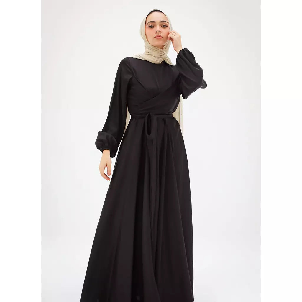 Wrap Satin Dress In Black