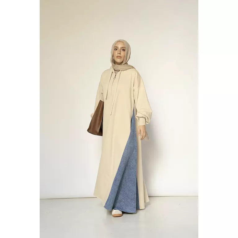 Denim-sided Hoodie Dress in Beige