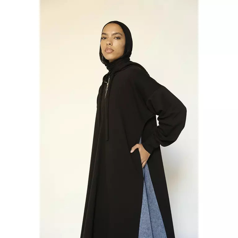 Denim-sided Hoodie Dress in Black