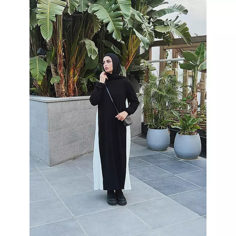 Pleated Tunic Maxi Wool Dress In Black