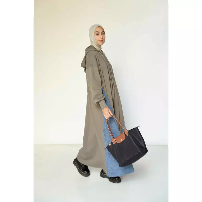 Denim-sided Hoodie Dress in Olive