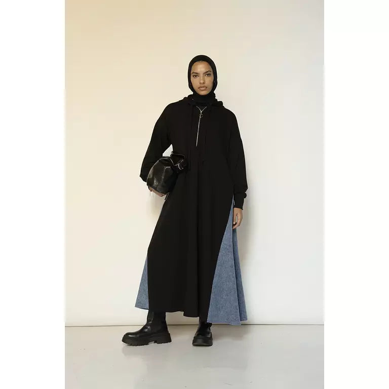 Denim-sided Hoodie Dress in Black