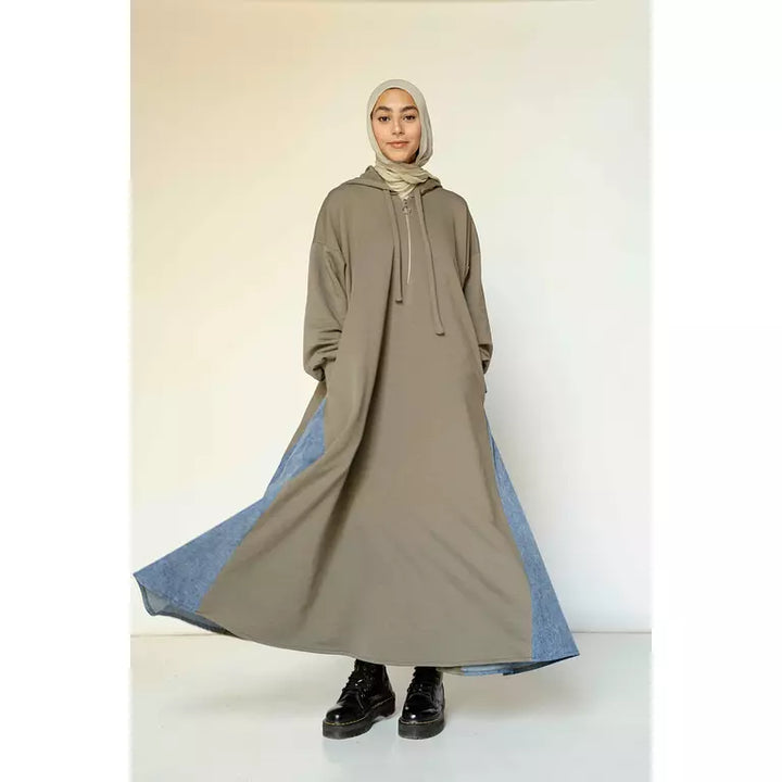 Denim-sided Hoodie Dress in Olive